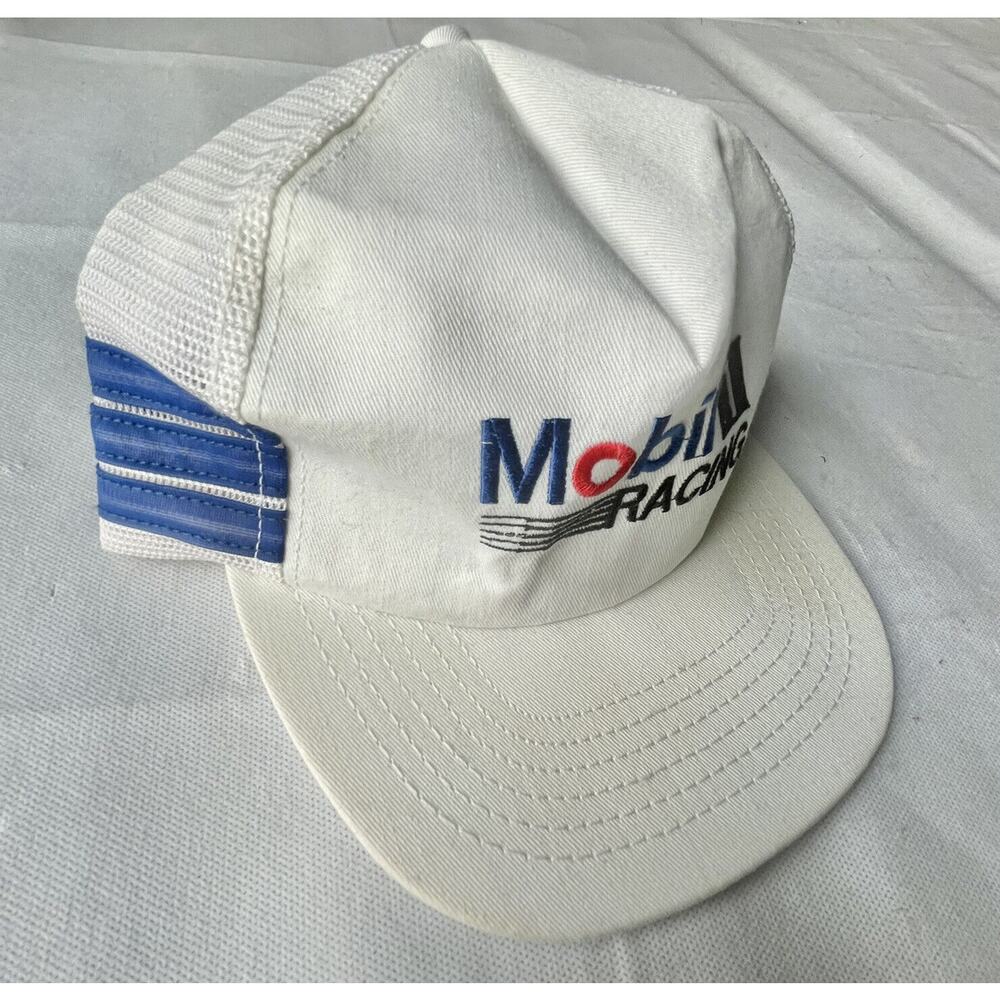 Mobil 1 Gasoline Racing 3-Three Stripe Stange Trucker Hat Cap Made in USA 90s